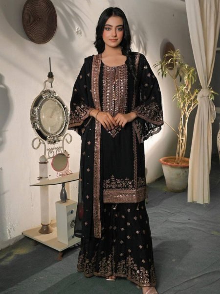 Glamorous Black Heavy Fendy Silk Embroidered Sequence Work Sharara Set  Ready To Wear Suit