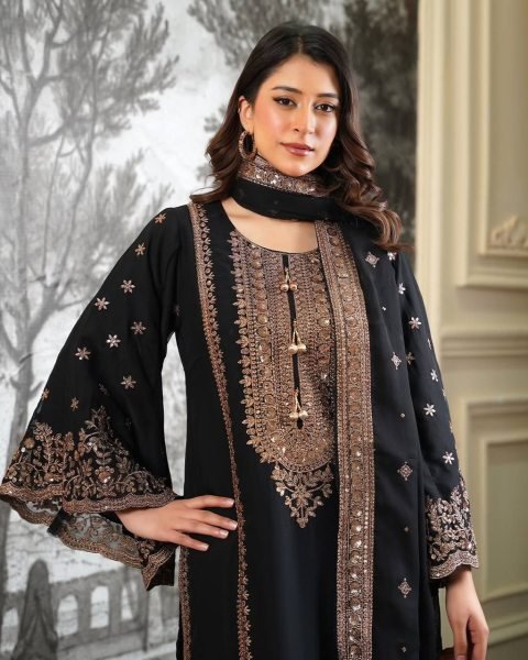 Glamorous Black Heavy Fendy Silk Embroidered Sequence Work Sharara Set  Ready To Wear Collection