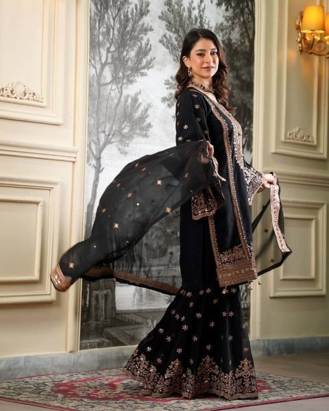 Glamorous Black Heavy Fendy Silk Embroidered Sequence Work Sharara Set  Ready To Wear Collection