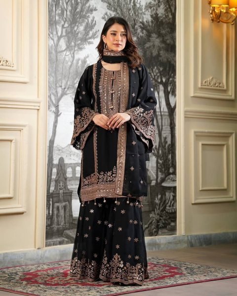 Glamorous Black Heavy Fendy Silk Embroidered Sequence Work Sharara Set  Ready To Wear Collection