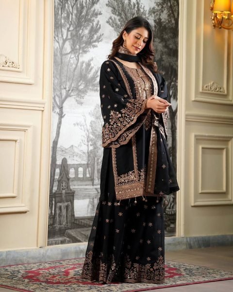 Glamorous Black Heavy Fendy Silk Embroidered Sequence Work Sharara Set  Ready To Wear Collection