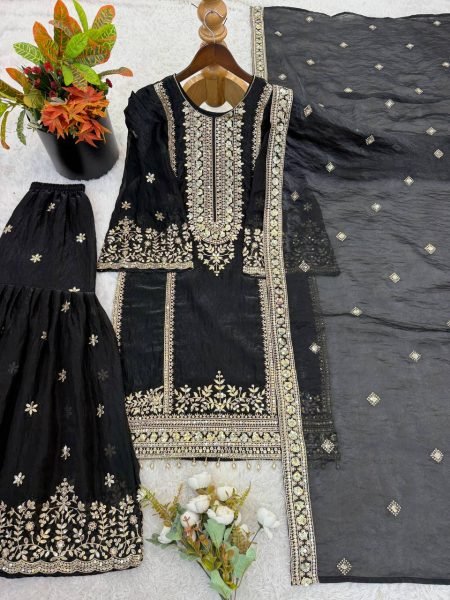 Glamorous Black Heavy Fendy Silk Embroidered Sequence Work Sharara Set  Ready To Wear Collection