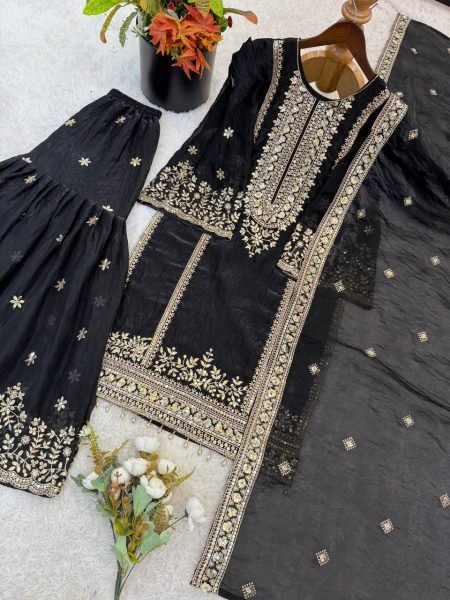 Glamorous Black Heavy Fendy Silk Embroidered Sequence Work Sharara Set  Ready To Wear Collection