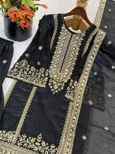 Glamorous Black Heavy Fendy Silk Embroidered Sequence Work Sharara Set  Ready To Wear Collection