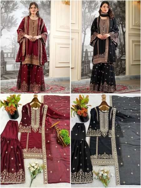 Glamorous Black Heavy Fendy Silk Embroidered Sequence Work Sharara Set  Ready To Wear Collection
