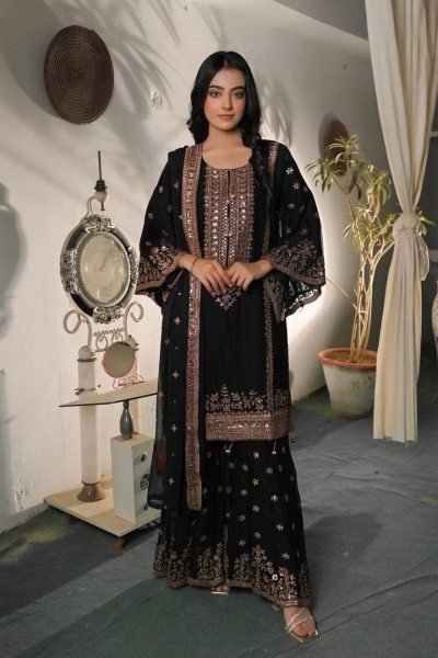 Glamorous Black Heavy Fendy Silk Embroidered Sequence Work Sharara Set  Ready To Wear Collection