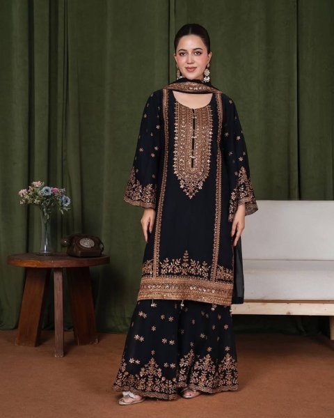 Glamorous Black Heavy Fendy Silk Embroidered Sequence Work Sharara Set  Ready To Wear Collection