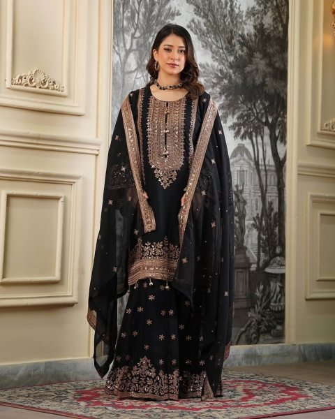 Glamorous Black Heavy Fendy Silk Embroidered Sequence Work Sharara Set  Ready To Wear Collection