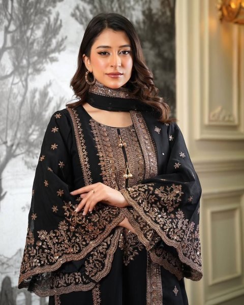 Glamorous Black Heavy Fendy Silk Embroidered Sequence Work Sharara Set  Ready To Wear Collection