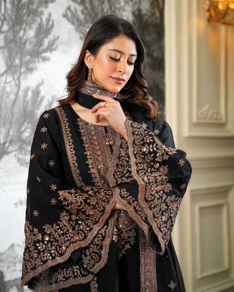 Glamorous Black Heavy Fendy Silk Embroidered Sequence Work Sharara Set  Ready To Wear Collection