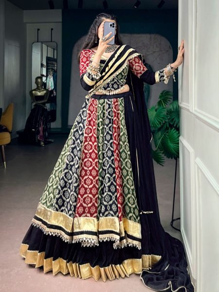 Glamorous Black Rayon Navratri Lehenga Choli with Traditional Heritage Prints For Dandiya 