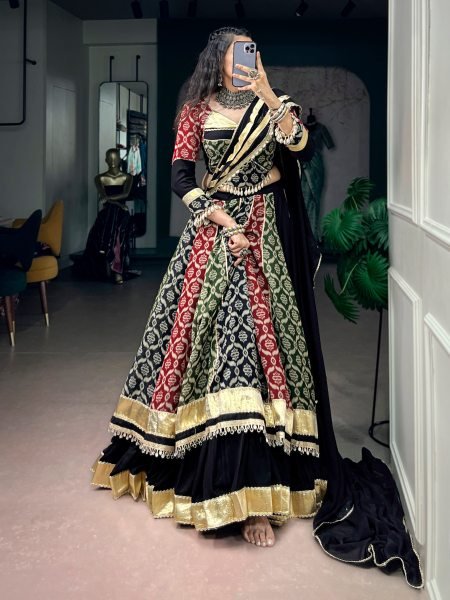 Glamorous Black Rayon Navratri Lehenga Choli with Traditional Heritage Prints For Dandiya Navratri Lehnega Choli