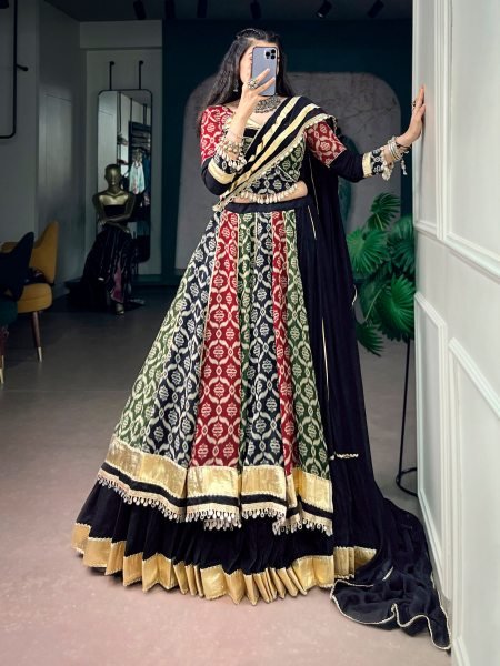 Glamorous Black Rayon Navratri Lehenga Choli with Traditional Heritage Prints For Dandiya Navratri Lehnega Choli
