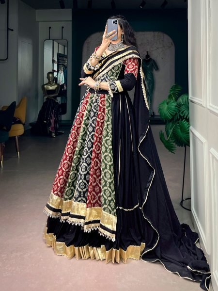 Glamorous Black Rayon Navratri Lehenga Choli with Traditional Heritage Prints For Dandiya Navratri Lehnega Choli