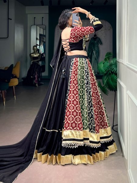 Glamorous Black Rayon Navratri Lehenga Choli with Traditional Heritage Prints For Dandiya Navratri Lehnega Choli