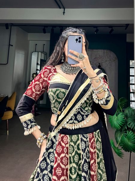 Glamorous Black Rayon Navratri Lehenga Choli with Traditional Heritage Prints For Dandiya Navratri Lehnega Choli
