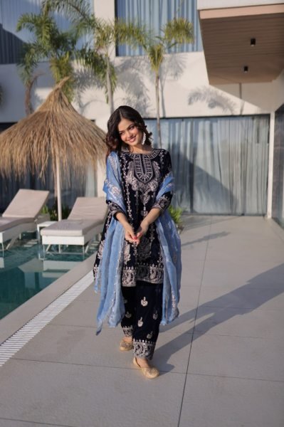 Glamorous Black Velvet Suit Set with Zari Embroidery for Women Wedding Wear Ready To Wear Collection