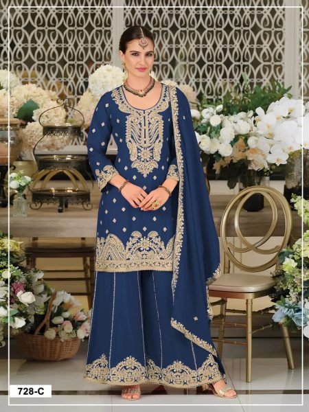 Glamorous Blue Blooming Chinon Silk Salwar Suit with Zarkan Work for Women Designer Plazzo Salwar Suits Wholesale