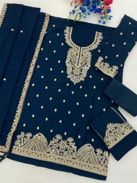 Glamorous Blue Blooming Chinon Silk Salwar Suit with Zarkan Work for Women Designer Plazzo Salwar Suits Wholesale