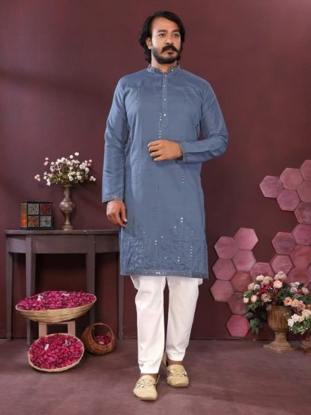 Glamorous Blue Designer Smart Silk Kurta Pyjama Set with Mirror Work at Manufacturer  Mens Wear