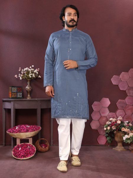 Glamorous Blue Designer Smart Silk Kurta Pyjama Set with Mirror Work at Manufacturer  Kurta Pajama Wholesale