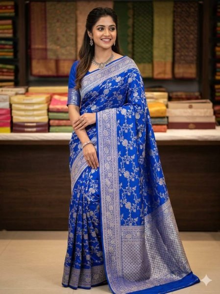 Glamorous Blue Designer Soft Silk Zari Woven Saree for Women Wedding and Festive Wear Silk Sarees Wholesale