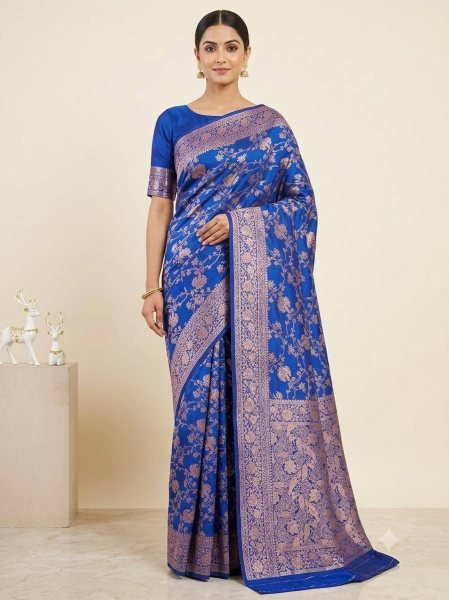 Glamorous Blue Designer Soft Silk Zari Woven Saree for Women Wedding and Festive Wear Silk Sarees Wholesale