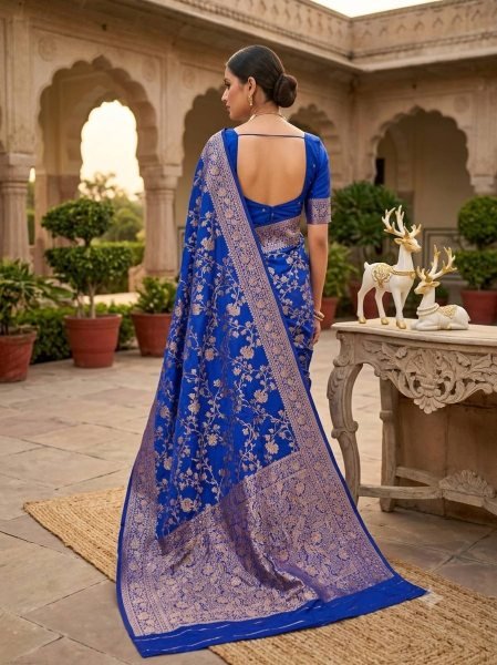Glamorous Blue Designer Soft Silk Zari Woven Saree for Women Wedding and Festive Wear Silk Sarees Wholesale