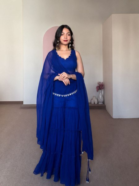 Glamorous Blue Georgette Mirror Work Sharara Suit with Dupatta for Wedding Wear 