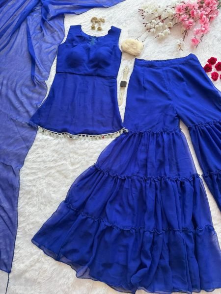 Glamorous Blue Georgette Mirror Work Sharara Suit with Dupatta for Wedding Wear Ready To Wear Collection