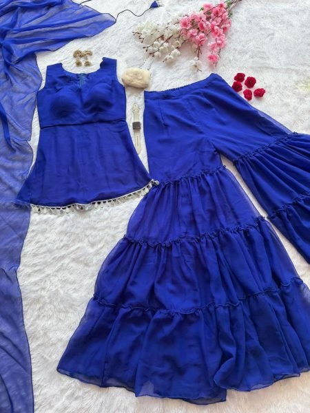 Glamorous Blue Georgette Mirror Work Sharara Suit with Dupatta for Wedding Wear Ready To Wear Collection
