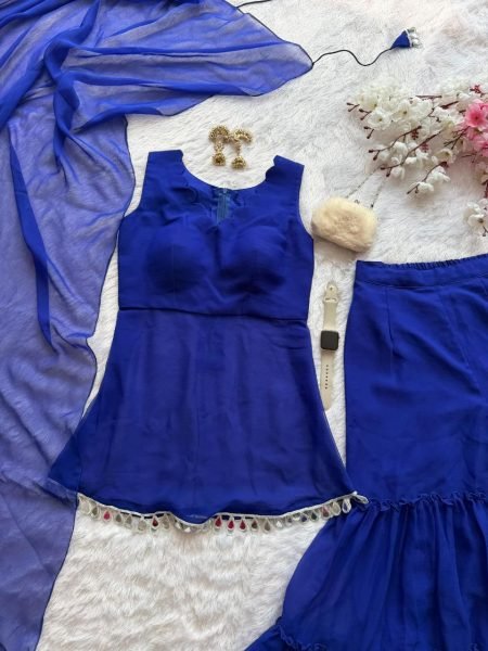 Glamorous Blue Georgette Mirror Work Sharara Suit with Dupatta for Wedding Wear Ready To Wear Collection