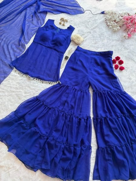 Glamorous Blue Georgette Mirror Work Sharara Suit with Dupatta for Wedding Wear Ready To Wear Collection