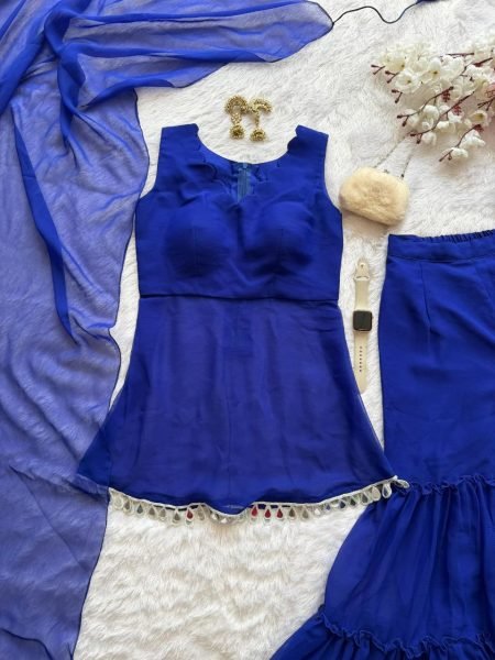 Glamorous Blue Georgette Mirror Work Sharara Suit with Dupatta for Wedding Wear Ready To Wear Collection