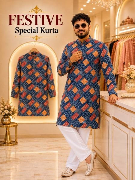 Glamorous Blue Men's Soft Cotton Printed Kurta with Raymond Cotton Bottom For Party Mens Wear