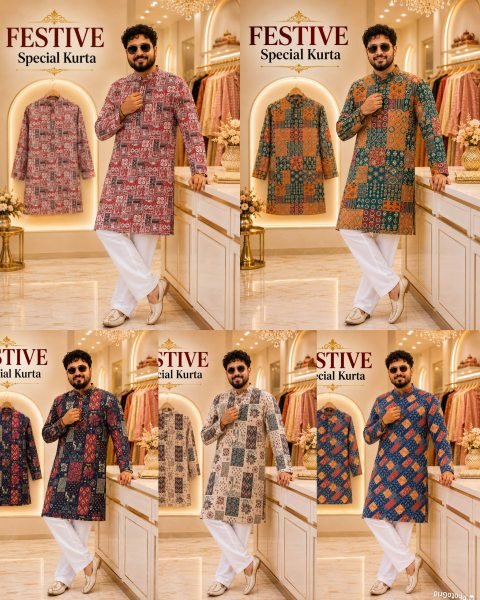 Glamorous Blue Men's Soft Cotton Printed Kurta with Raymond Cotton Bottom For Party Kurta Pajama Wholesale