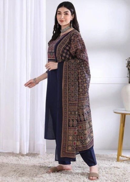 Glamorous Blue Rayon Slub Printed Kurti Palazzo Set with Chanderi Printed Dupatta Printed Kurtis