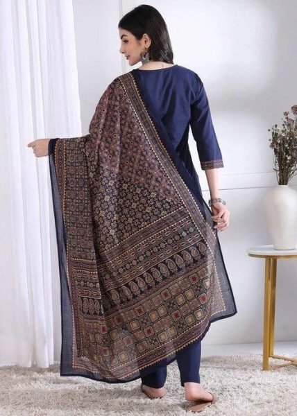 Glamorous Blue Rayon Slub Printed Kurti Palazzo Set with Chanderi Printed Dupatta Printed Kurtis
