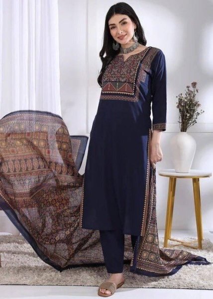 Glamorous Blue Rayon Slub Printed Kurti Palazzo Set with Chanderi Printed Dupatta Printed Kurtis