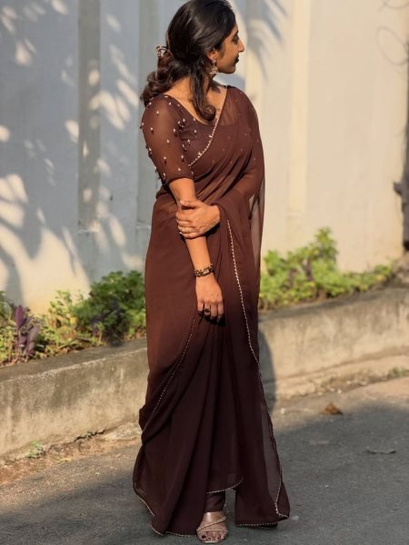 Glamorous Brown Pure Georgette Handwork Saree With Blouse Piece Silk Sarees Wholesale