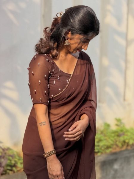 Glamorous Brown Pure Georgette Handwork Saree With Blouse Piece Silk Sarees Wholesale