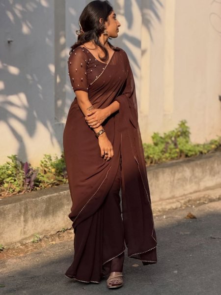 Glamorous Brown Pure Georgette Handwork Saree With Blouse Piece Silk Sarees Wholesale