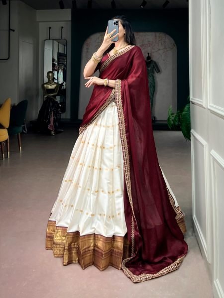 Glamorous Ceram Maroon Designer Silk Cotton Lehenga with Beads Handwork Blouse 