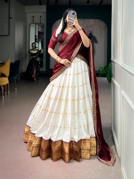 Glamorous Ceram Maroon Designer Silk Cotton Lehenga with Beads Handwork Blouse Half Saree Lehenga