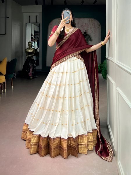 Glamorous Ceram Maroon Designer Silk Cotton Lehenga with Beads Handwork Blouse Half Saree Lehenga