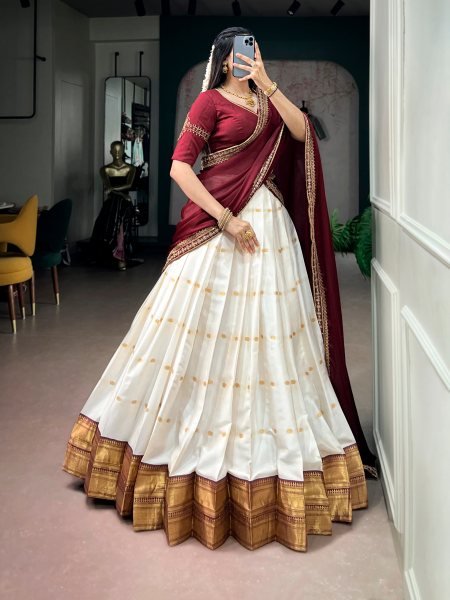 Glamorous Ceram Maroon Designer Silk Cotton Lehenga with Beads Handwork Blouse Half Saree Lehenga