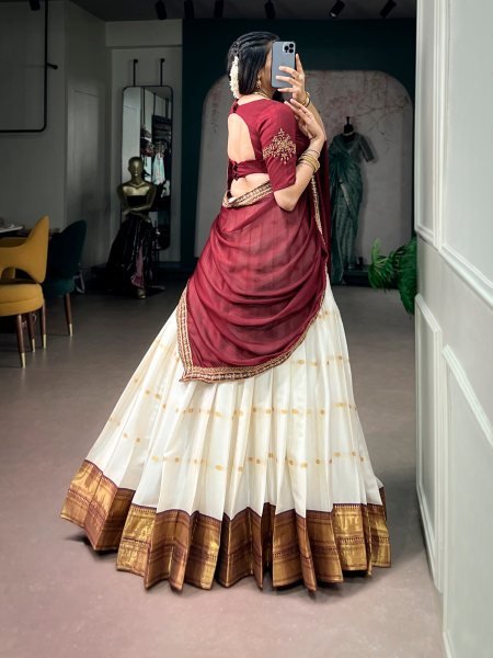 Glamorous Ceram Maroon Designer Silk Cotton Lehenga with Beads Handwork Blouse Half Saree Lehenga