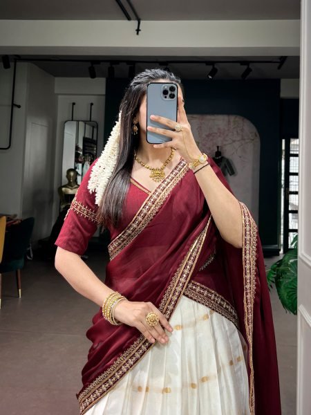 Glamorous Ceram Maroon Designer Silk Cotton Lehenga with Beads Handwork Blouse Half Saree Lehenga