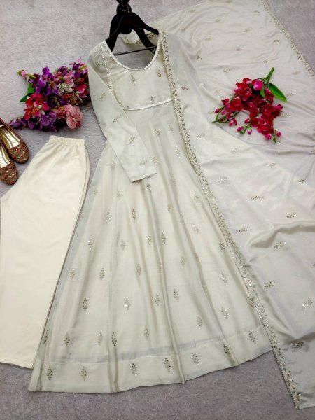 Glamorous Chinon Silk Embroidered Sequins Work Gown with Matching Pant   Sequins Dupatta at Wedding Wear Anarkali Kurtis 