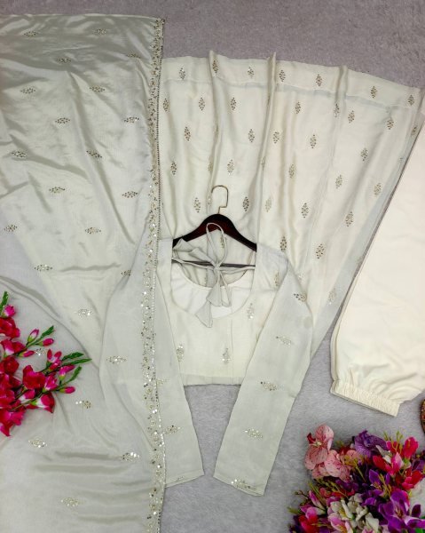 Glamorous Chinon Silk Embroidered Sequins Work Gown with Matching Pant   Sequins Dupatta at Wedding Wear Anarkali Kurtis 